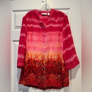 Chico's Ombre Pink to Red Button-Front Tunic with Yellow Accent Size XL